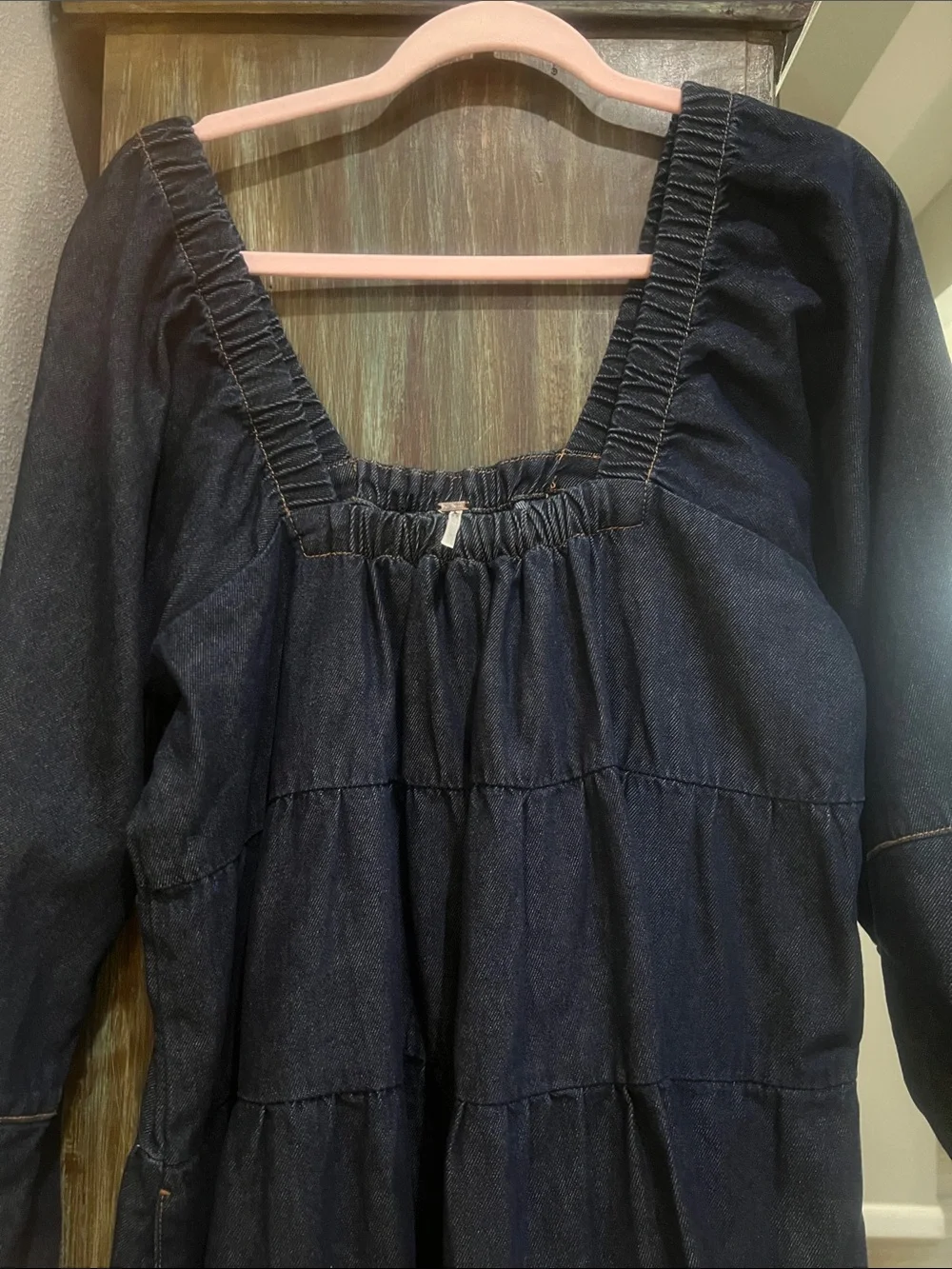 Free People Dark Blue Denim Smocked Square-Neck Mini Dress